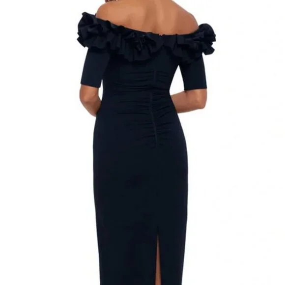 Xscape Navy Blue Ruffle Off the Shoulder Crepe Column Gown